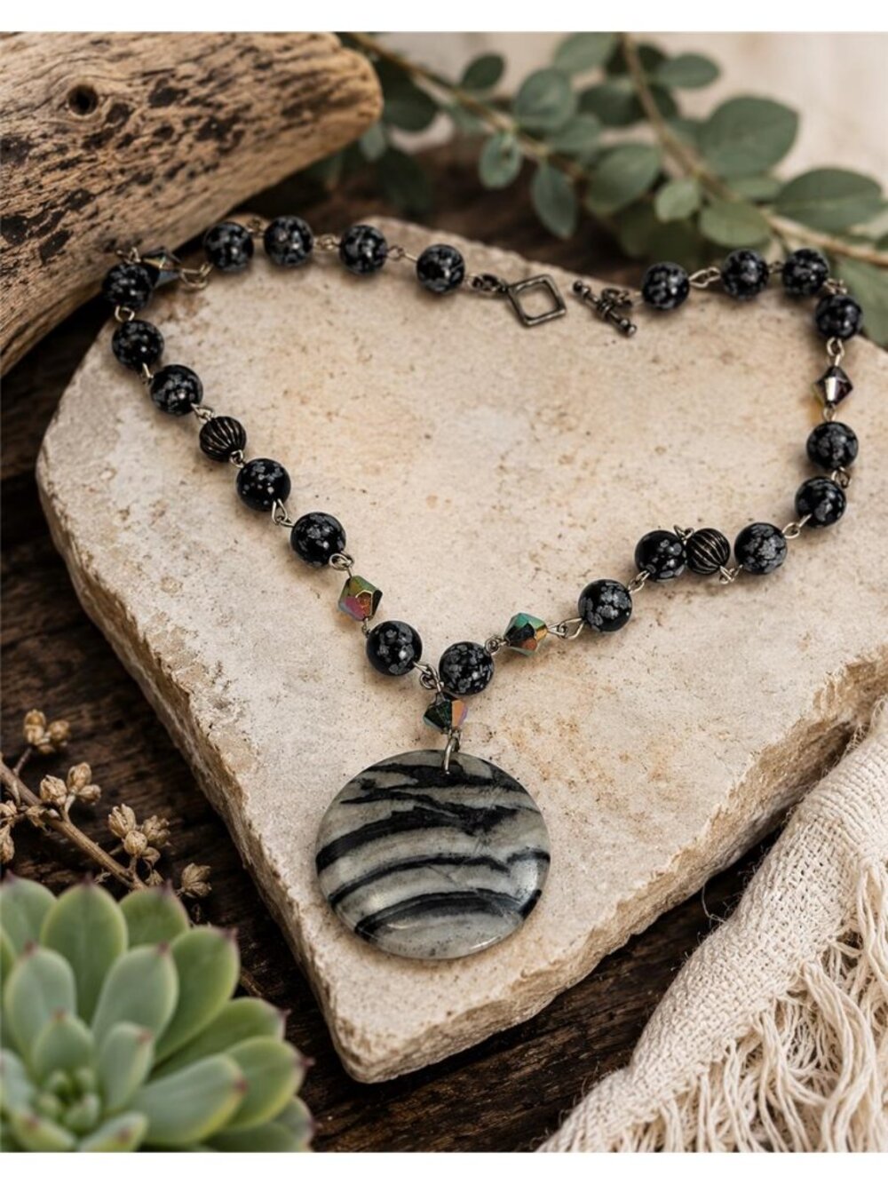Vintage 925 Sterling Silver Zebra Jasper Snowflake Obsidian Necklace 18"